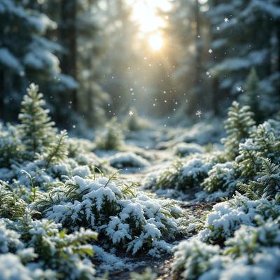 Primary subject: Snow-covered forest
Setting/background: Snow-covered forest with pine trees
Visual style: Digital art
Colors and mood: White snow, green pine trees, and a serene, peaceful atmosphere.